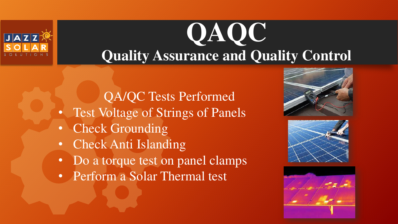 QAQC tests: a multimeter hooked up to a string of modules (top), a torque wrench being used on a module clamp (middle), and an infrared thermal image of modules with hot spots (bottom)
