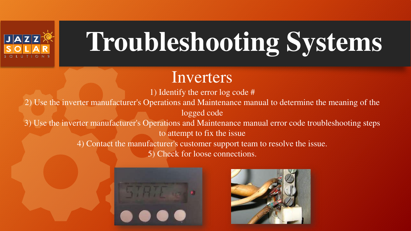 Inverter troubleshooting: an inverter display showing a state error code with an indicator light beside the screen (left), and a loose wire connection with burn marks from an arc fault (right)
