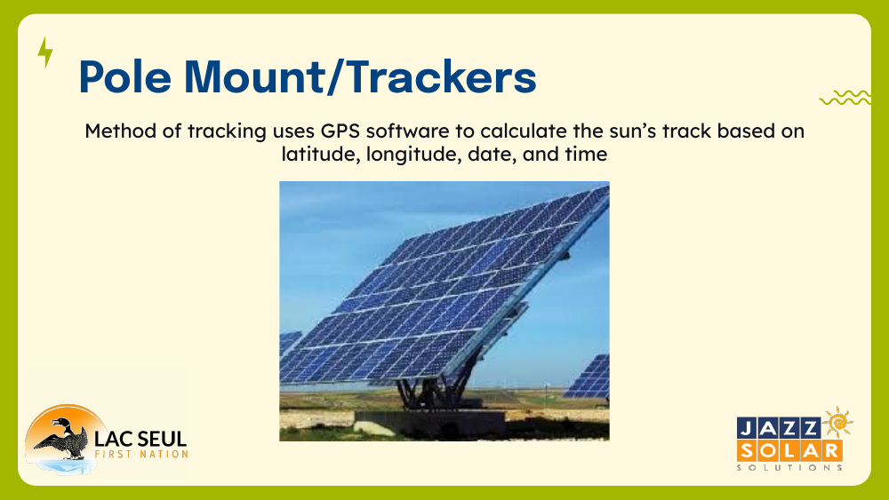 Photo of a large ground tracker array of solar panels, with text explaining GPS software tracking