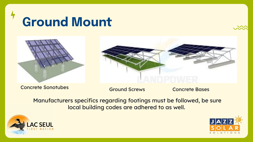 Ground mount slide showing three footing types: concrete sonotubes, ground screws, and concrete bases