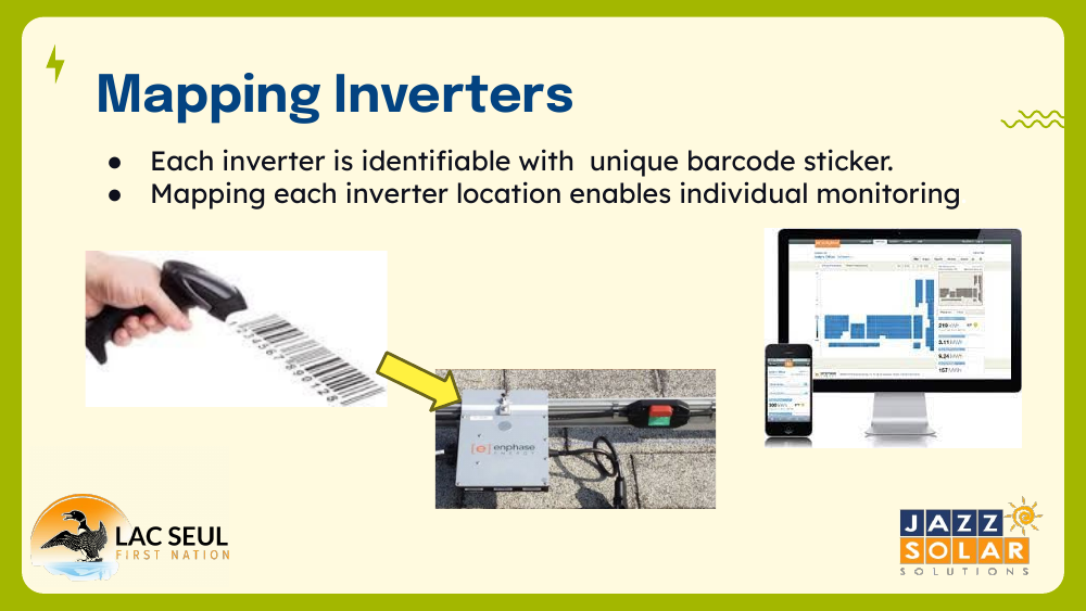 A barcode scanner reading a microinverter's unique barcode sticker, with the data shown on a desktop monitor and phone.