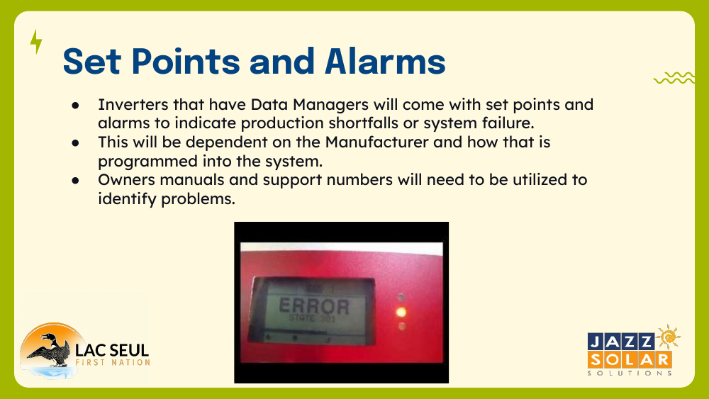 Slide titled 'Set Points and Alarms' explaining inverter alarms, with a photo of an inverter display showing an ERROR message.