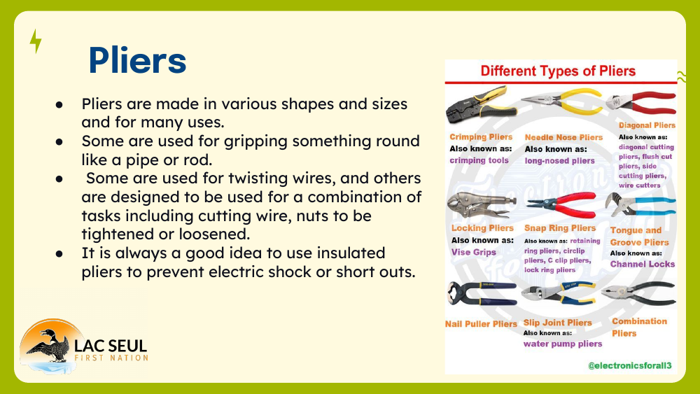 Slide titled Pliers describing their many shapes and uses, with a chart showing different types of pliers such as needle nose, locking, and slip joint.