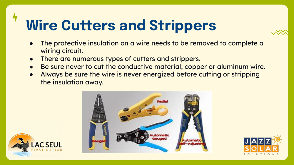 Slide titled Wire Cutters and Strippers showing several types of wire cutters and stripper tools, including gauged and automatic self-adjusting strippers.