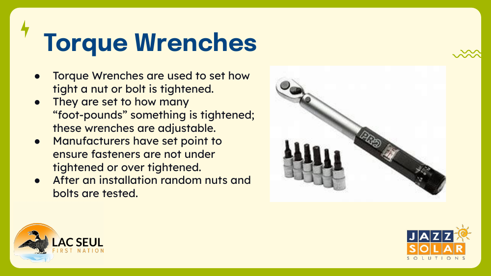Slide titled Torque Wrenches showing an adjustable torque wrench with a ratchet head and a set of socket bits.