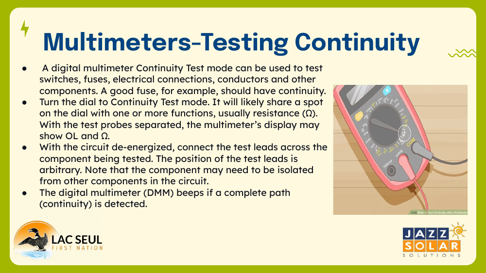 Slide explaining the digital multimeter continuity test, which beeps when a circuit is complete, with a photo of a multimeter.