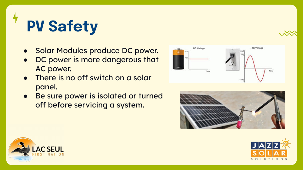 PV Safety slide listing key points about DC power, with a diagram comparing DC and AC voltage and a photo of work on a solar panel.